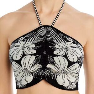 FARM Rio Macaw Elegance Black & White Floral Halter Crop Top